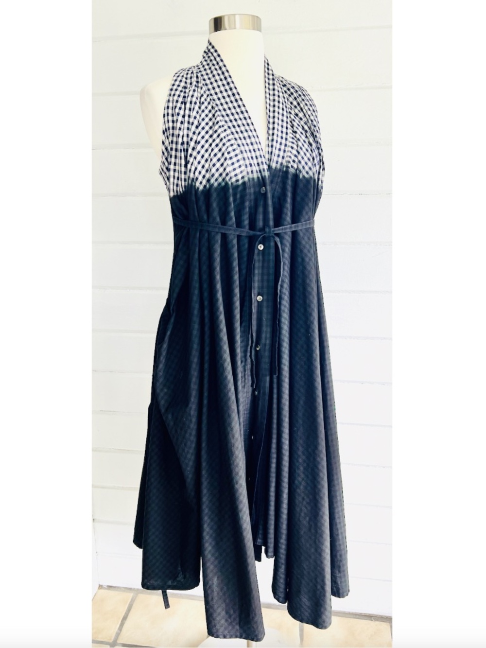 MARC LE BIHAN Dip Dyed Gingham Cotton Sleeveless Dress Navy Black - 38/S